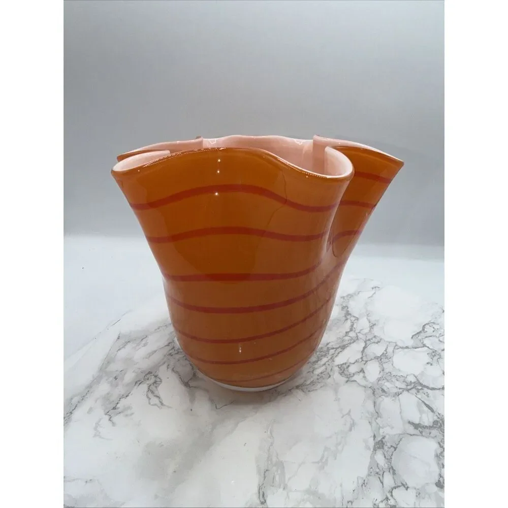 Vintage Handkerchief Vase Art Glass Cased Round 2 Tone Orange Stripes 7”H